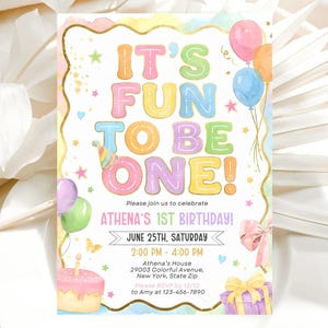 Fun to be One Birthday Invitation, 1st birthday invitation, 1st birthday girl colorful invitation, Editable Canva Template image 2