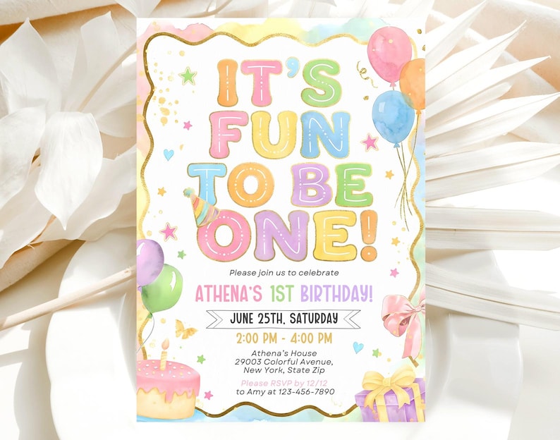 Fun to be One Birthday Invitation, 1st birthday invitation, 1st birthday girl colorful invitation, Editable Canva Template image 2