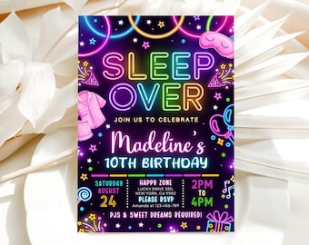 Sleepover Birthday Invitation, Slumber Party Birthday Invite, Pajama Party, Neon Sleepover Invite, Editable Canva Template MS01