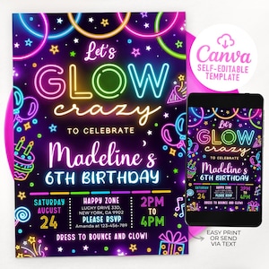 Glow Crazy Geburtstagseinladung, Neon Glow Einladung, Glow Party Geburtstagseinladung, Bearbeitbare Vorlage 0205
