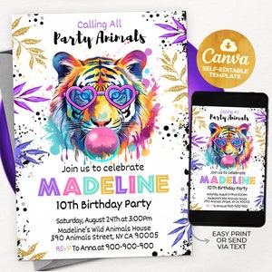Invito di compleanno per feste con animali, tema giungla tigre, festa safari, invito per ragazze, arcobaleno, download digitale, Canva 5x7
