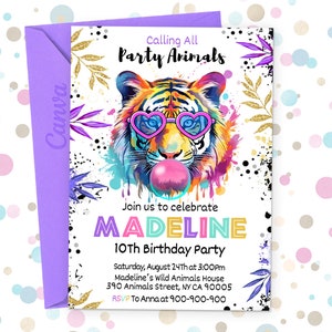 Party Animals Birthday Invitation, Tiger Jungle Theme, Safari Party, Girl Invite, Rainbow, Digital Download, Canva 5x7