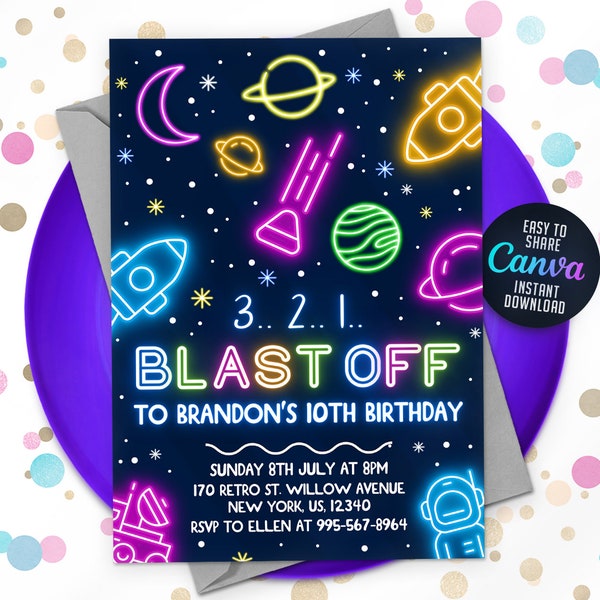 EDITABLE Neon Space Boy Birthday Party Invitation, Galaxy Party Invitation Template, Space Birthday, Astronaut Outer Space, Canva 5x7 N01