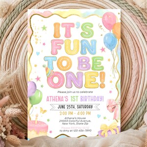 Fun to be One Birthday Invitation, 1st birthday invitation, 1st birthday girl colorful invitation, Editable Canva Template image 1
