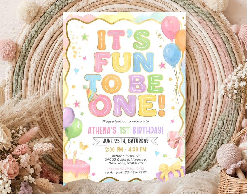 Fun to be One Birthday Invitation, 1st birthday invitation, 1st birthday girl colorful invitation, Editable Canva Template image 1
