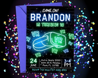 VR-Geburtstags-Einladung, VR-Einladung, Neon Glow, Virtual-Reality-Spiele einladen, bearbeitbare Canva, 5x7 N01