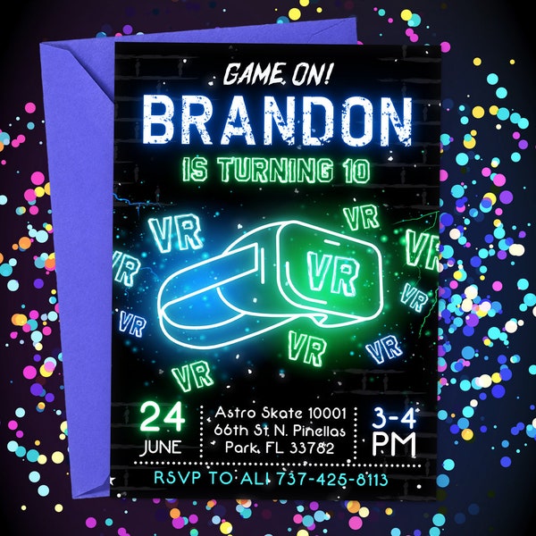VR-verjaardagsuitnodiging, VR-uitnodiging, Neon Glow, Virtual Reality Games uitnodigen, bewerkbare Canva, 5x7 N01