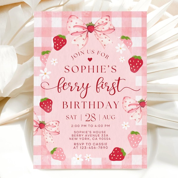 Berry First Birthday Invitation, Berry 1st Birthday Invitation, Bow Berry First Birthday Invite, Editable Canva 252