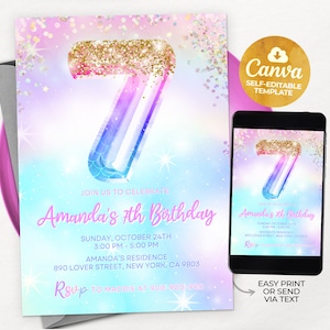 Girl 7th Birthday Invitation, Confetti Glitter Rainbow Foil 7th Birthday, Editable Canva Template 01