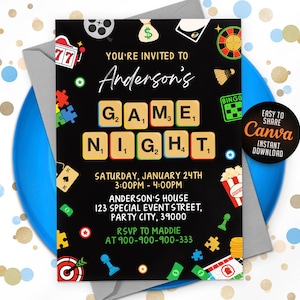 Invitación editable a la noche de juegos, Noche de juegos familiares, Invitación a fiesta en casa, 5x7, Canva MSNW01
