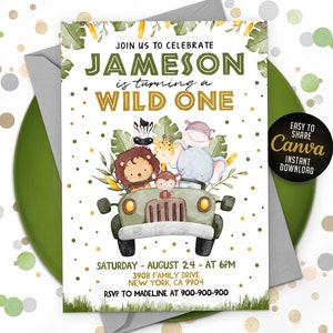 EDITABLE Wild One Birthday Boy Invitation, Safari Animals Party Invite Template, Jungle Safari Invitation, 5x7, Canva NEW1