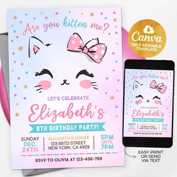 Kitty Cat Birthday Invitation, EDITABLE Purrfect Party Invite Template, Are You Kitten Me Right Meow, Canva MSLT01