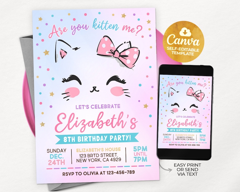 Kitty Cat Birthday Invitation, EDITABLE Purrfect Party Invite Template, Are You Kitten Me Right Meow, Canva MSLT01 zdjęcie 2