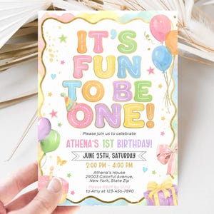 Fun to be One Birthday Invitation, 1st birthday invitation, 1st birthday girl colorful invitation, Editable Canva Template image 6
