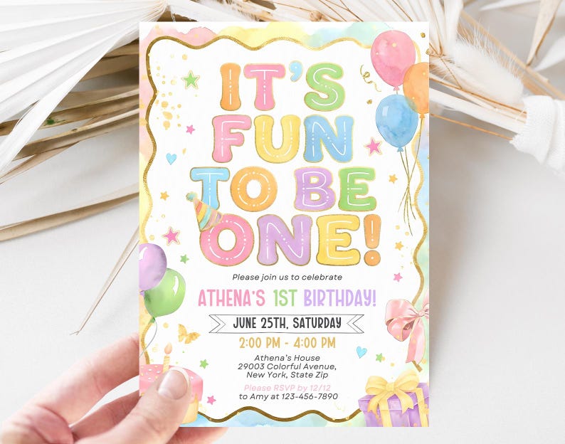 Fun to be One Birthday Invitation, 1st birthday invitation, 1st birthday girl colorful invitation, Editable Canva Template image 6