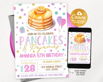 Bearbeitbare Pfannkuchen- und Pyjama-Einladung, Pfannkuchen-Einladung, Pfannkuchen- und Pyjama-Geburtstagseinladung, Canva 5x7