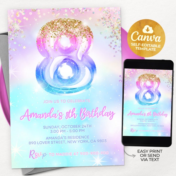 Girl 8th Birthday Invitation, Confetti Glitter Rainbow Foil 8th Birthday, Editable Canva Template 01