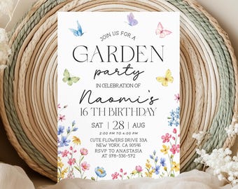 Wildflower Birthday Invitation Garden Party Invite Girl 16th 17th 18th Birthday Pink Purple Wild Flower Floral Spring, Editable Canva MS01