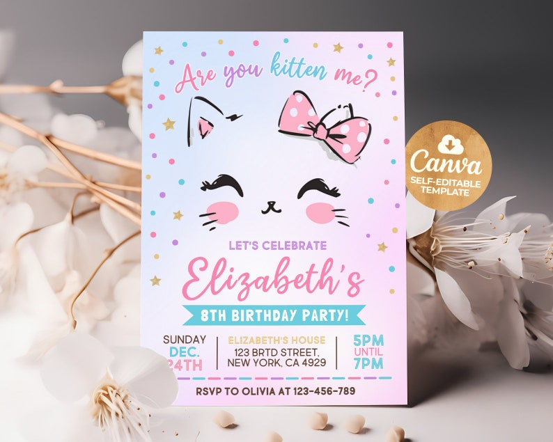 Kitty Cat Birthday Invitation, EDITABLE Purrfect Party Invite Template, Are You Kitten Me Right Meow, Canva MSLT01 zdjęcie 4