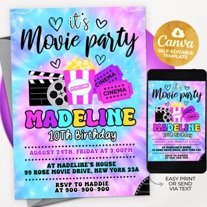 Bearbeitbare Film-Mädchen-Einladung, Film-Party-Geburtstags-Einladung Hinterhof Film-Party-Einladung Tie Dye, Canva 5x7
