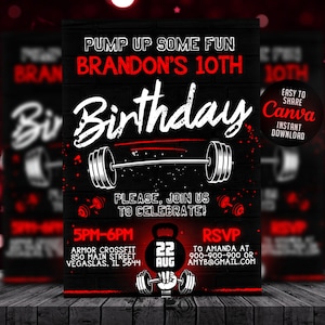 Fitness Birthday Invitation, Workout Party, Weights Gym Party, Editable Canva Template NEW01