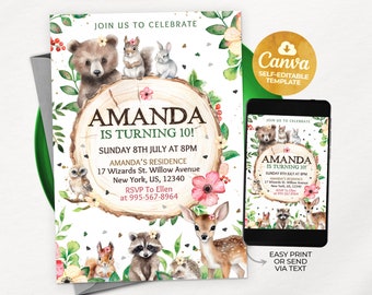 May include: A printable invitation for a 10th birthday party with a woodland theme. The invitation features a watercolor illustration of a bear, squirrel, rabbit, owl, raccoon, deer, and hedgehog. The text on the invitation reads "Amanda is turning 10!" and includes the date, time, and location of the party. RSVP information is also included.