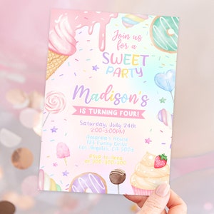 Faire-part de fête sucré, invitation de fête MODIFIABLE Candy Land, bonbons d'anniversaire de bonbons, desserts rose pastel, modèle de toile modifiable MSW01 image 2