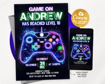 Video Game Birthday Invitation Template, Video Game Invitation, Neon Glow, Boy Invitation, Editable Canva 5x7 MR02