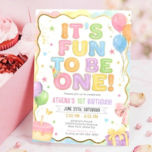 Fun to be One Birthday Invitation, 1st birthday invitation, 1st birthday girl colorful invitation, Editable Canva Template image 3