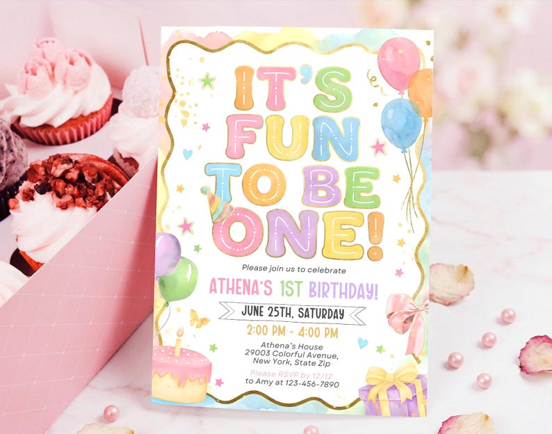 Fun to be One Birthday Invitation, 1st birthday invitation, 1st birthday girl colorful invitation, Editable Canva Template image 3