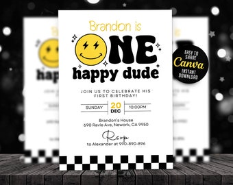 EDITABLE One Happy Dude Birthday Invitation, Happy Face Birthday Invitation Printable, Canva 5x7 NEW02