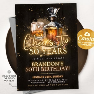 Invitación de cumpleaños de whisky, Invitación de cumpleaños para hombres, 30, 40, 50, Cualquier edad, Plantilla de Canva editable MBR01