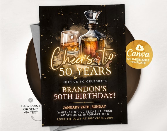Whiskey Birthday Invitation, Men Birthday Invite, 30th 40th 50th Any Age, Editable Canva Template MBR01