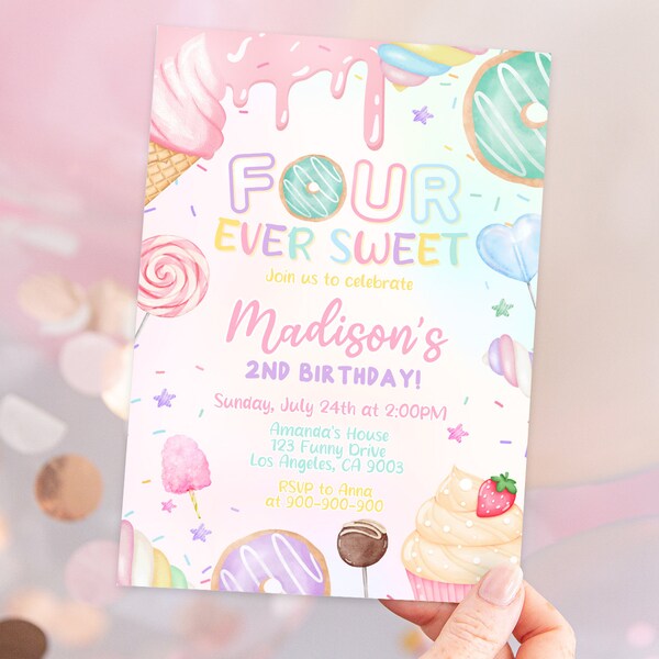 Donut Fourever Sweet 4th Birthday Party Invitation Template. Printable Digital Girl Birthday Invite, Canva MSLT01s