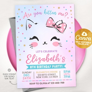 Kitty Cat Birthday Invitation, EDITABLE Purrfect Party Invite Template, Are You Kitten Me Right Meow, Canva MSLT01 zdjęcie 1