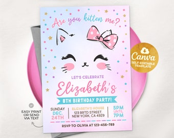 Kitty Cat Birthday Invitation, EDITABLE Purrfect Party Invite Template, Are You Kitten Me Right Meow, Canva MSLT01