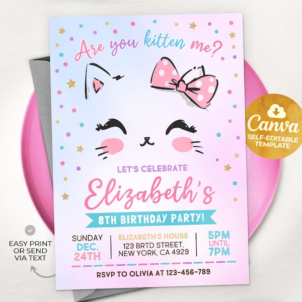 Kitty Cat Birthday Invitation, EDITABLE Purrfect Party Invite Template, Are You Kitten Me Right Meow, Canva MSLT01