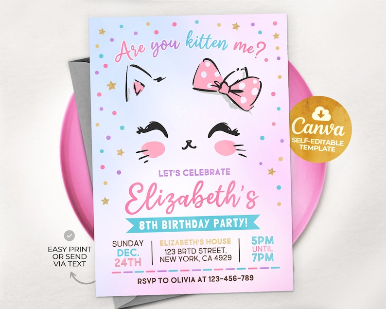 Kitty Cat Birthday Invitation, EDITABLE Purrfect Party Invite Template, Are You Kitten Me Right Meow, Canva MSLT01 zdjęcie 1