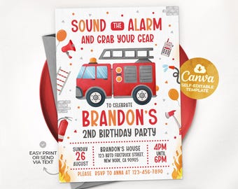Fire Truck Birthday Invitation Template, Firetruck Invitation, Fire Engine Invitation, Firefighter Invites, Editable Template 0105