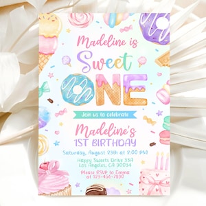 Puede incluir: Una invitación colorida para una fiesta de primer cumpleaños con un tema dulce. La invitación presenta una dona con chispas, un cupcake con una cereza en la parte superior y el texto "Madeline is Sweet One".
