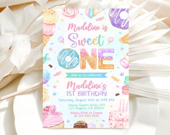 Sweet One Invitation, Sweet One Birthday Invitation, 1st Birthday Invitation, Dessert Candy Sweets Invite, Editable Template 020x1