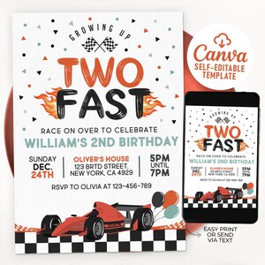 TWO Fast Birthday Invitation, Race Car Birthday Invitation, Two Fast Birthday Invite, Retro Race Car, Editable Canva Template 01