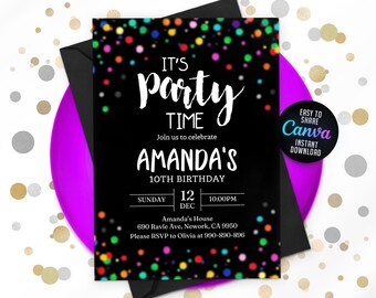 Editable Confetti Party Invitation, It's Party Time, Colorful Invite, Simple Birthday Invitations, Instant Download, Canva & 5x7 NEW2