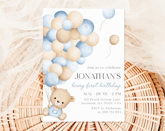 Eerste verjaardag Beary, verjaardagsuitnodiging beer, eerste verjaardag teddybeer, 1e feestvarken, bewerkbaar Canva MS01