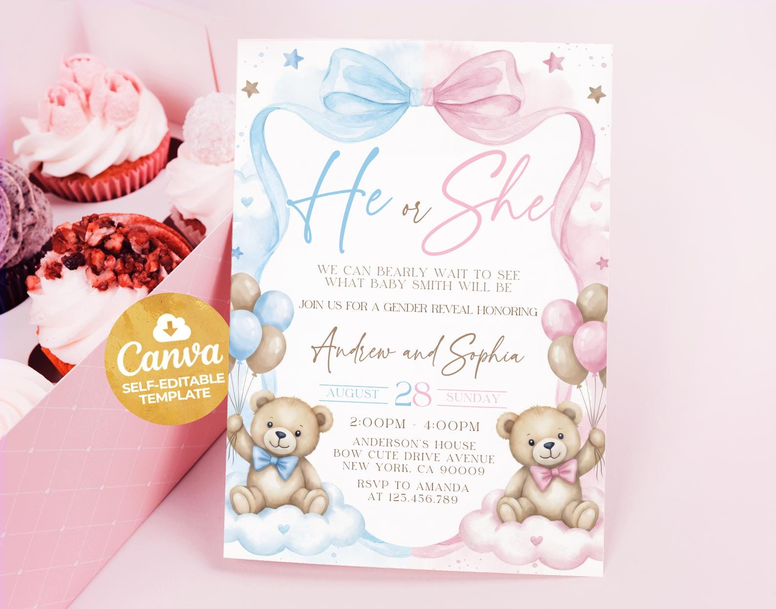 Teddy Bear Gender Reveal Invitation, He or She Gender Reveal Invitation ...