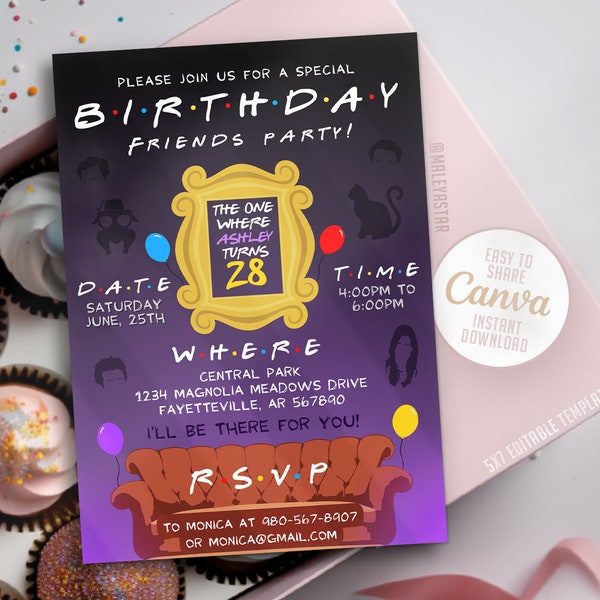 Editable Friends Birthday Invitation, Friends Invitation, Instant Download, Canva & 5x7