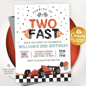 TWEE snelle verjaardagsuitnodiging raceauto 2e verjaardag uitnodigen racewagen Vintage raceauto, 5x7, Canva NS1