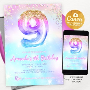Invitation d'anniversaire fille 9e anniversaire, confettis paillettes arc-en-ciel feuille d'anniversaire, modèle de toile modifiable 01