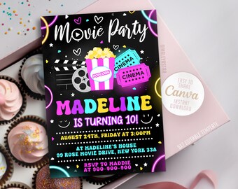 Invitation au néon de film modifiable, invitation d’anniversaire de fête de film Invitation de fête de film d’arrière-cour, Canva 5x7