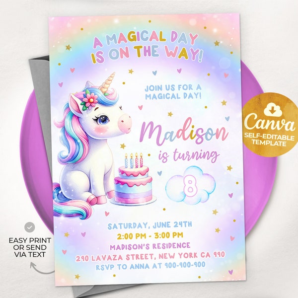 Unicorn Birthday Invitation Any Age Unicorn Party Magical Party Invite Magical Unicorn Invitation, Editable Canva Template 01